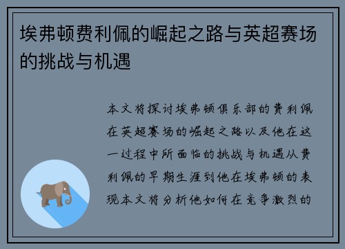 埃弗顿费利佩的崛起之路与英超赛场的挑战与机遇